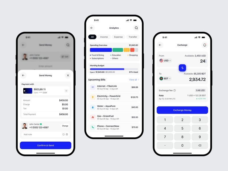 Finance App Send Money, Analytics & Exchange Screens