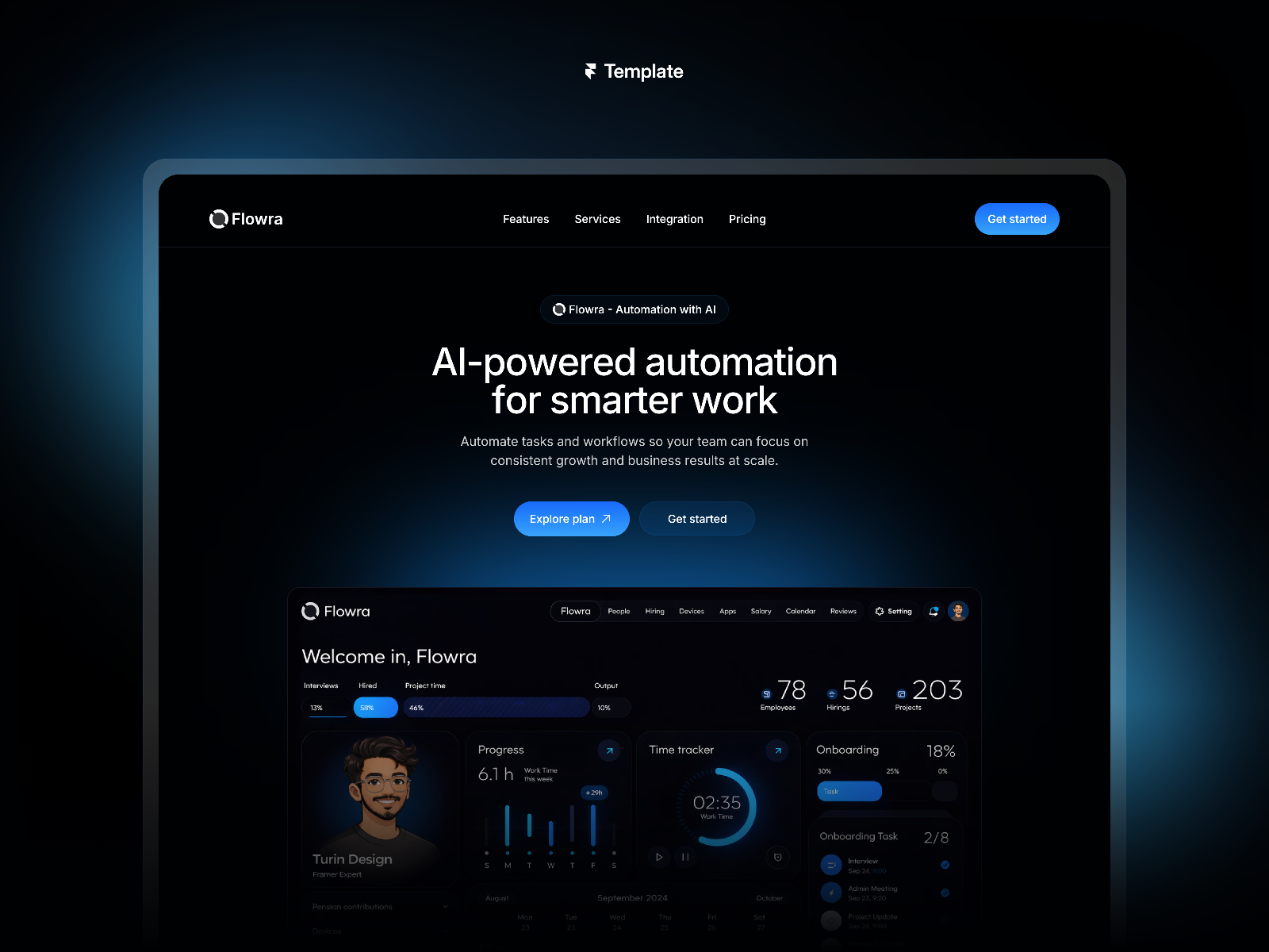 Flowra - A Premium Dark Animated AI SaaS website Framer template by Turin