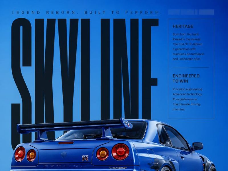 Nissan Skyline R34 GT-R — Automotive Poster Design | Bold text