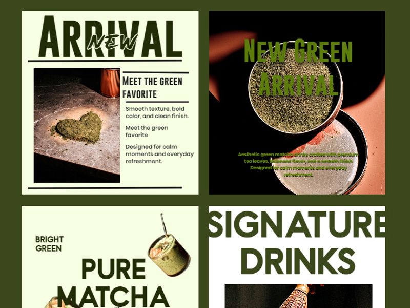 Matcha New Arrival Posters – Vibrant Green Beverage Branding Ser