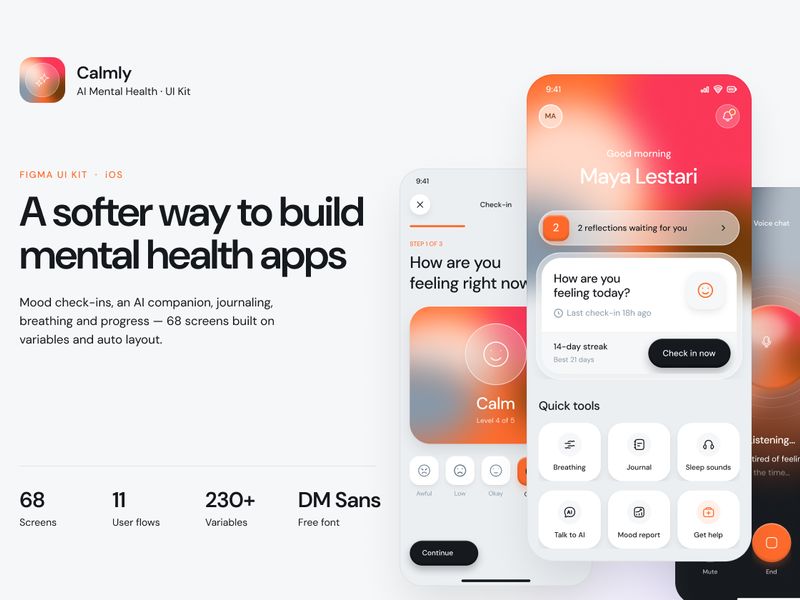 Calmly - AI Mental Wellness Mobile App UI Kit - Mobile design asset by UI8
