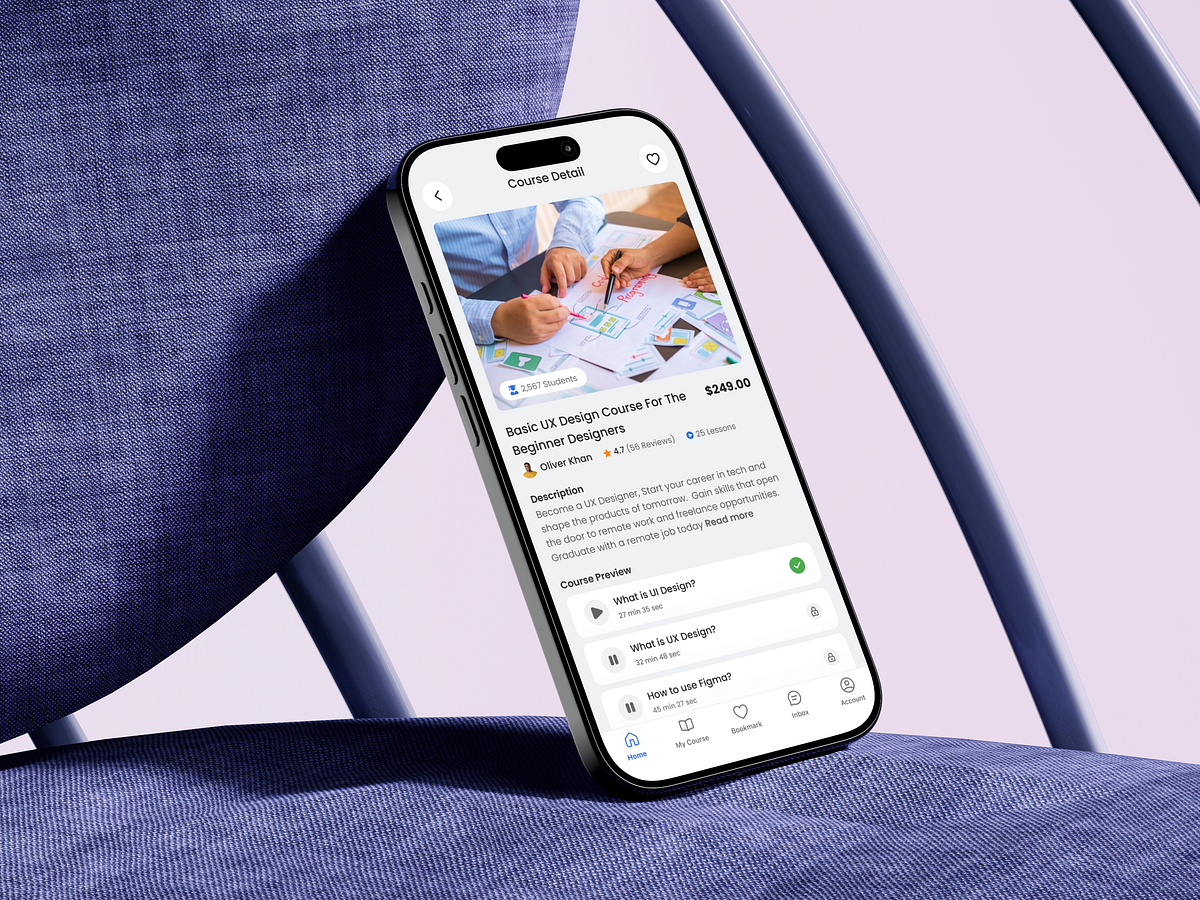 EdTech Online Learning Mobile App – Course Detail Screen Design