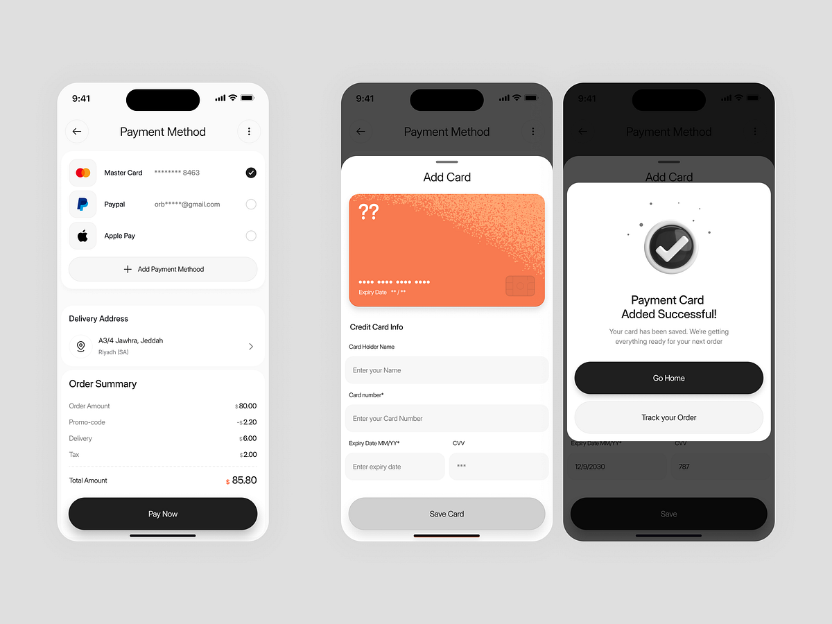 Delivery App – Payment Success Confirmation & Add Card UI Flow Image 0