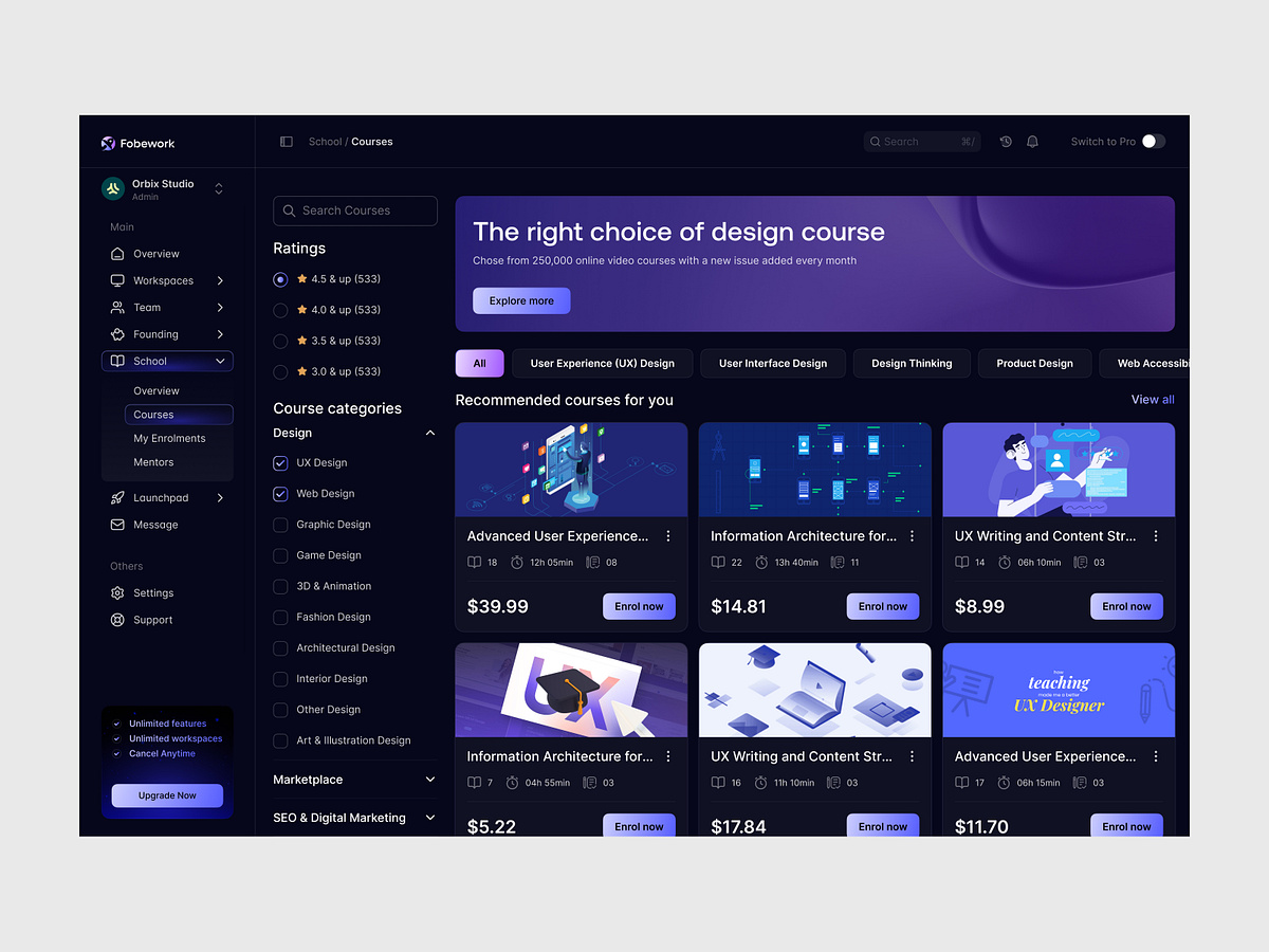 Design Course Marketplace Dashboard | SaaS Web UI Design Image 0