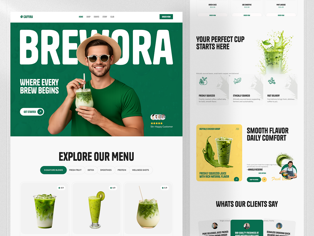 CAFFIRA -  Fresh Beverage Website UI with Bold Green Identity Image 2
