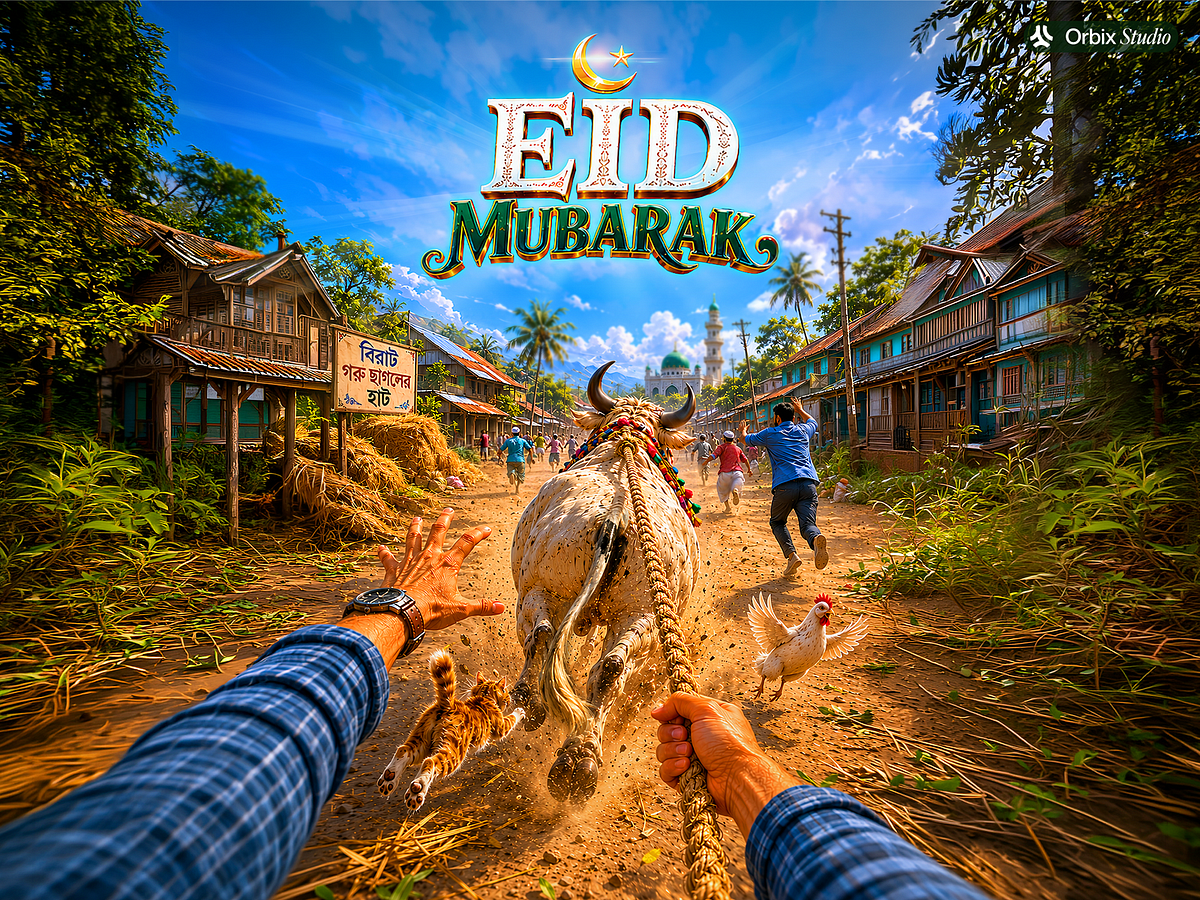 Eid Mubarak Illustration - Runaway Cow at the Haat