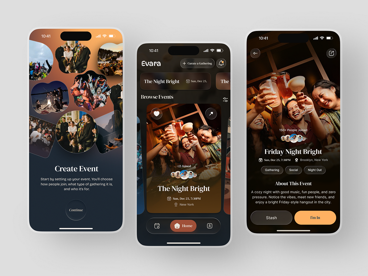 Evara - Social Gathering App UI, Event Discovery & Community Design