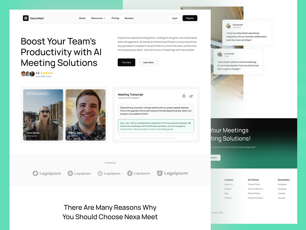 Hexa Meet – Smart AI Meeting Assistant Landing Page Design