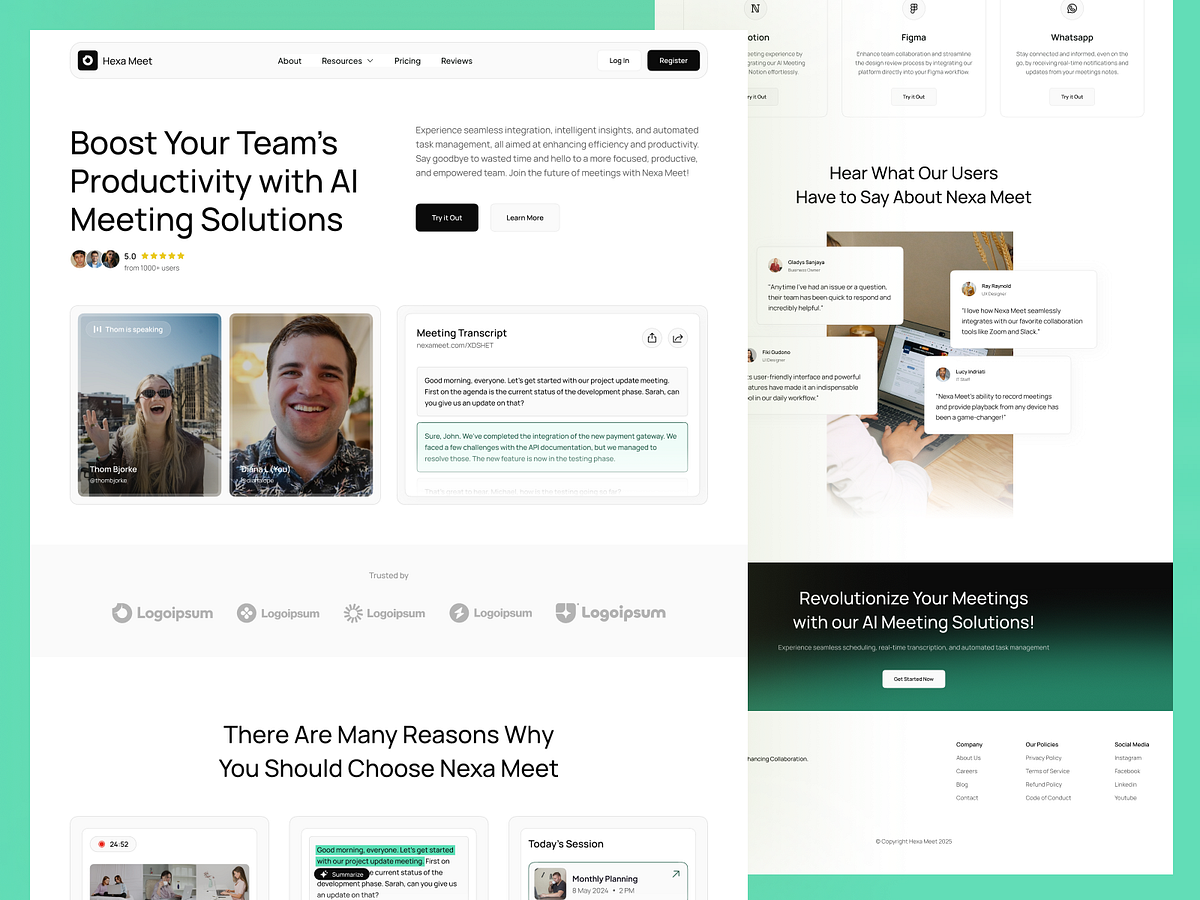 Hexa Meet – Smart AI Meeting Assistant Landing Page Design Image 1