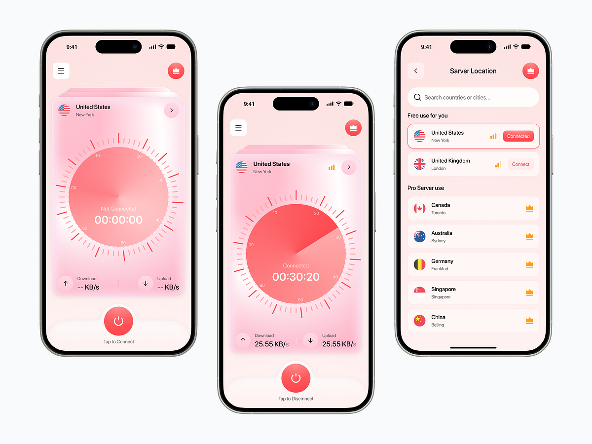 VPN App β Modern Secure Connection & Server Selection UI