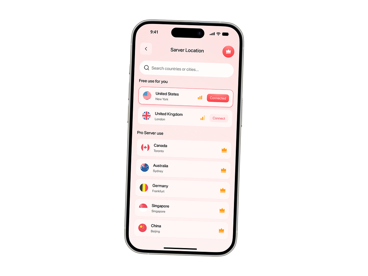 VPN App β Modern Secure Connection & Server Selection UI Image 3