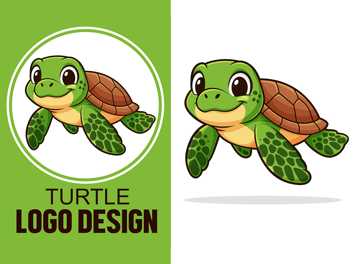 Cute Turtle Cartoon Logo, Sea Animal Mascot Brand Design