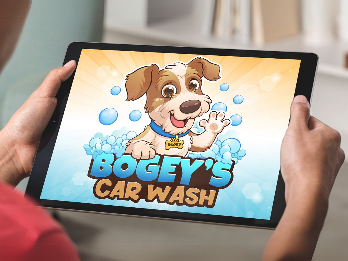 Unique Cartoon Dog Logo, Carwash Mascot Brand Design