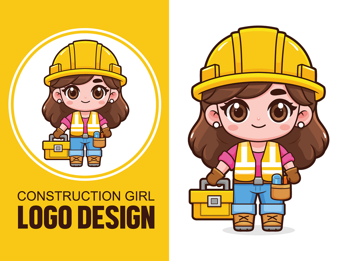 Cute Construction Logo Design, Chibi Kawaii Cartoon Character