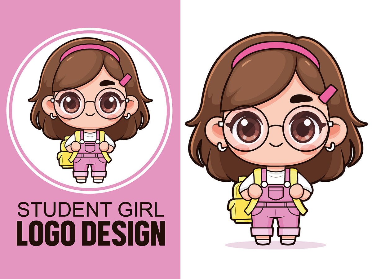 Cute Student Girl Cartoon Logo Design by Beehaya Studio