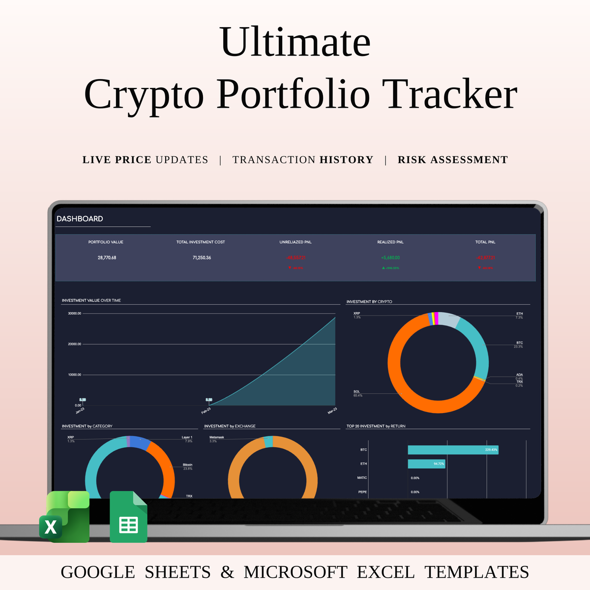 Ultimate Crypto Portfolio Tracker Excel | Dark Mode