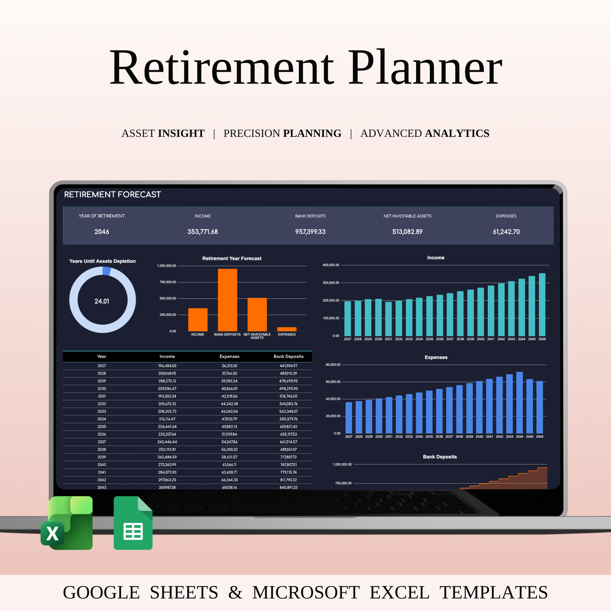 Retirement Portfolio Tracker Excel | Dark Mode