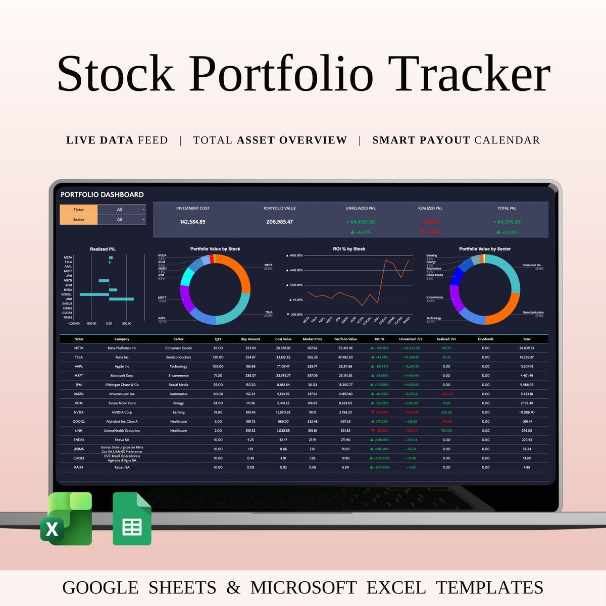 Stock & Dividend Tracker Excel | Dark Mode Dashboard