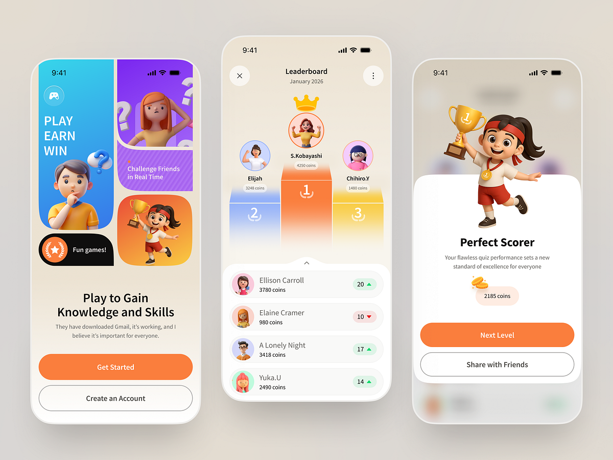 Gamified Quiz App UI Design | Educational Learning & Leaderboard Image 1