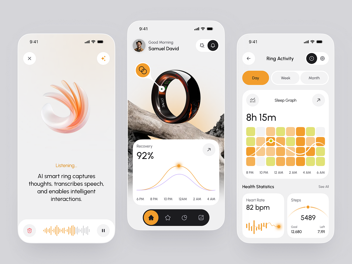 Smart Ring Mobile App - Health Tracking UI Image 1