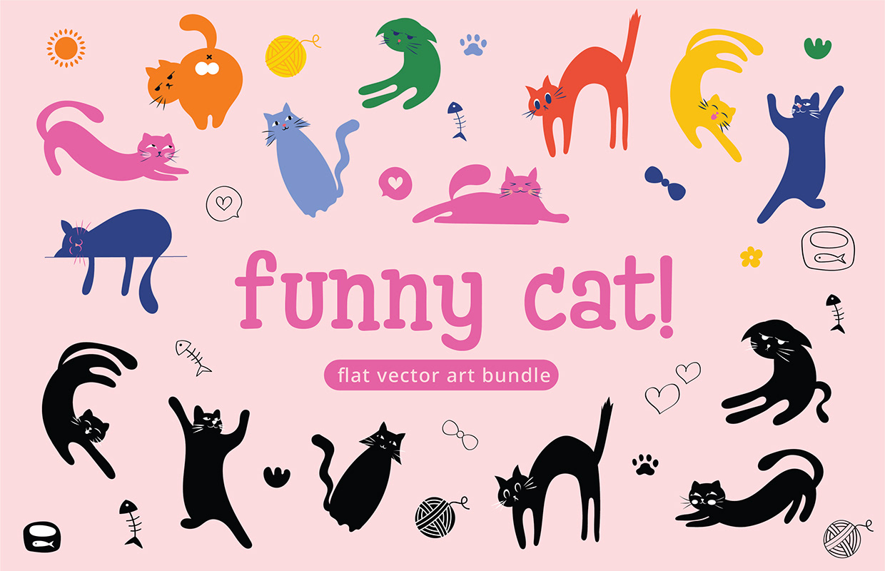 Funny Cat! Flat Vector Art Bundle & Merchandise Mockups