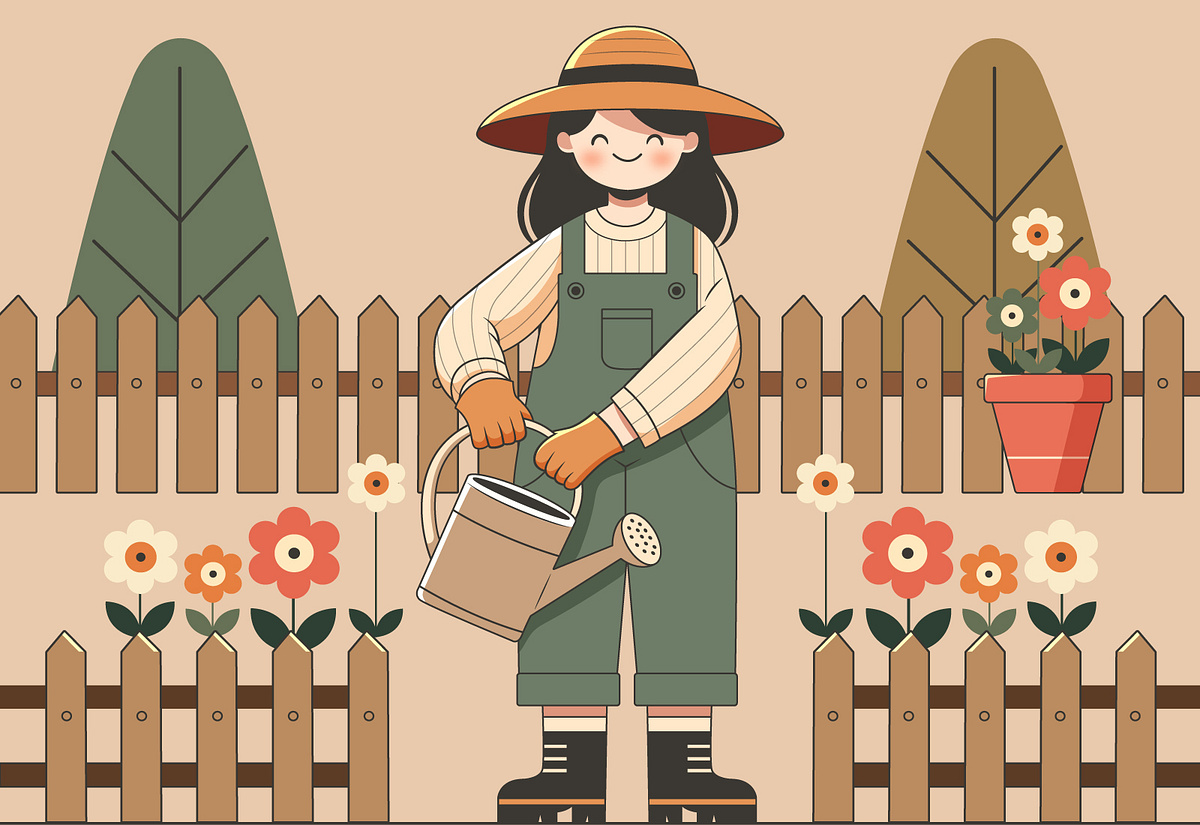 Cartoon Female Gardener In Flat Illustration Art Style