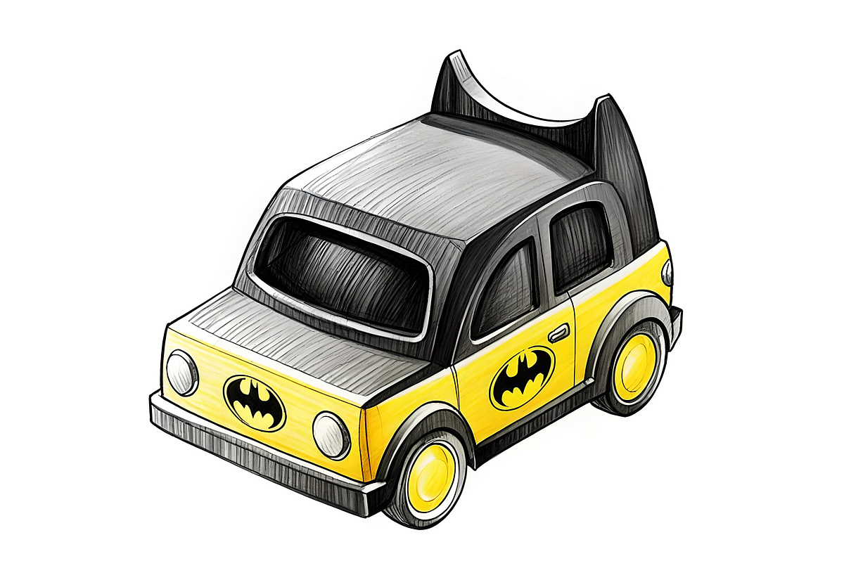 Playful pencil sketch of the Batmobile in a cartoon style