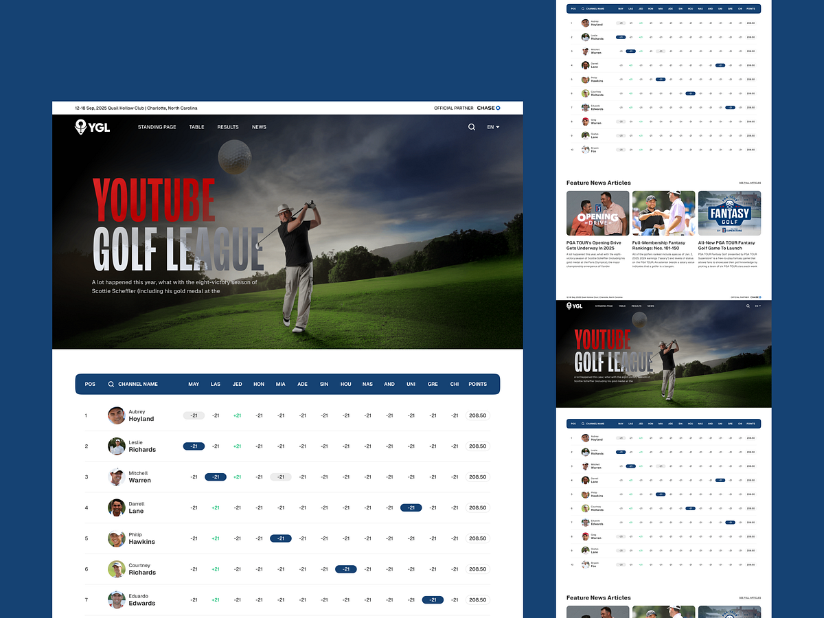 Modern Golf Tournament Website Design for Sports League