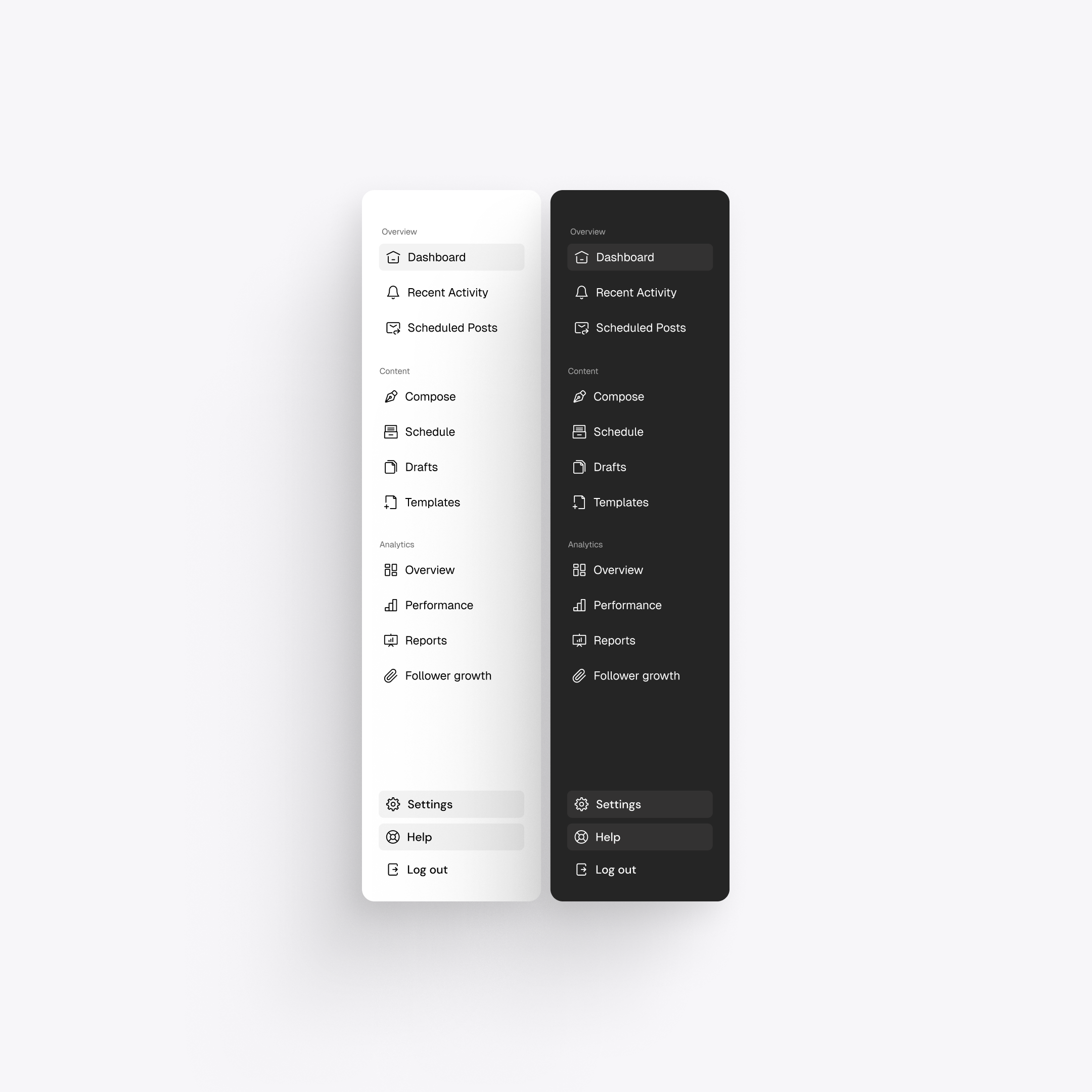 Social media management tool sidebar