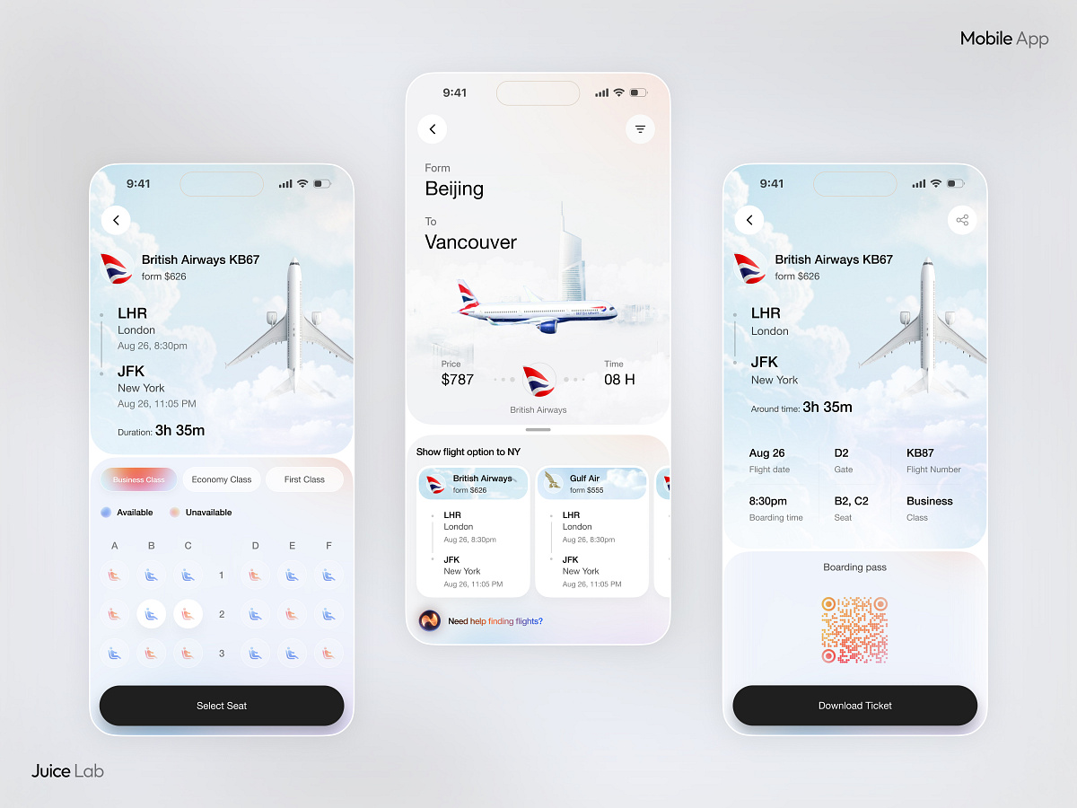 Flight Booking App UI | Search, Seat & Boarding Pass