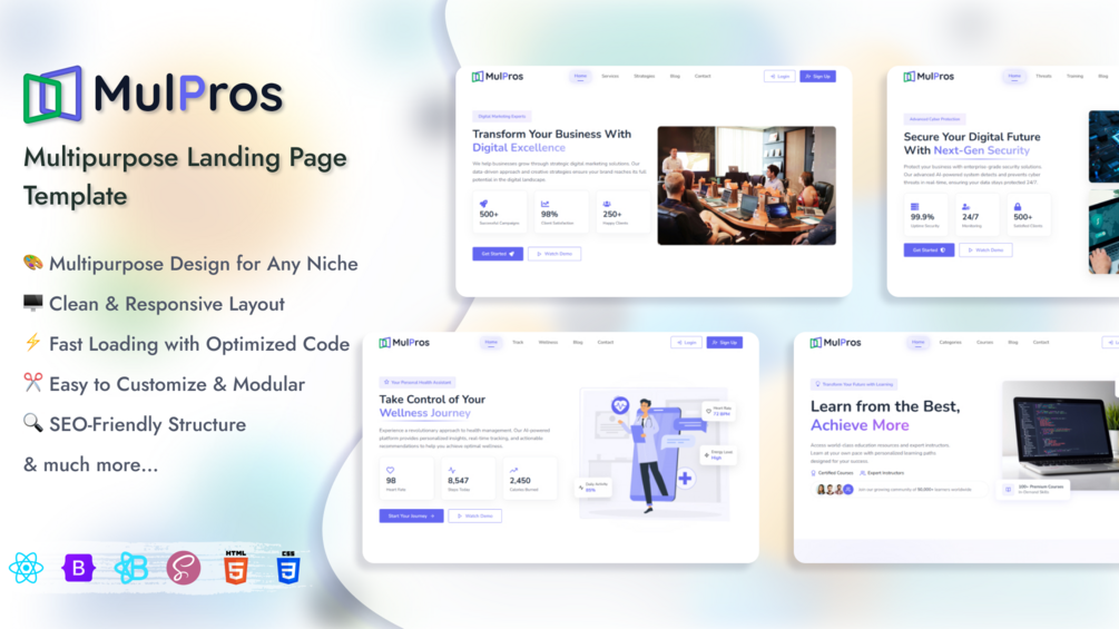 MulPros – Multipurpose Landing Page Template React + Bootstrap