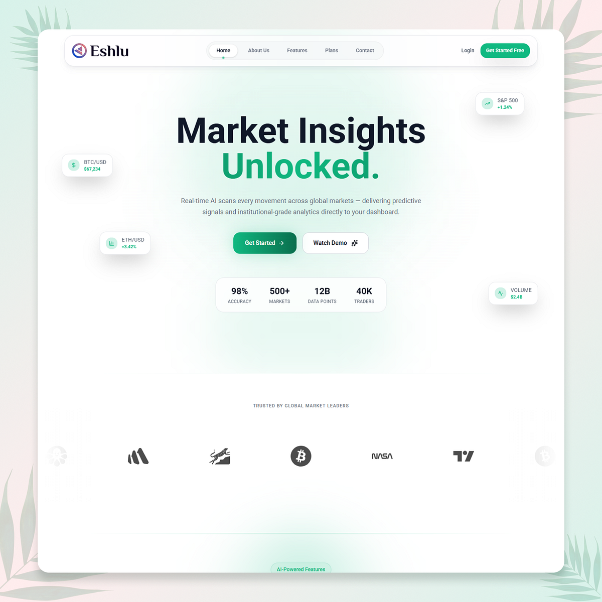 Eshlu β AI Stock Trading & Financial SaaS React UI Image 0