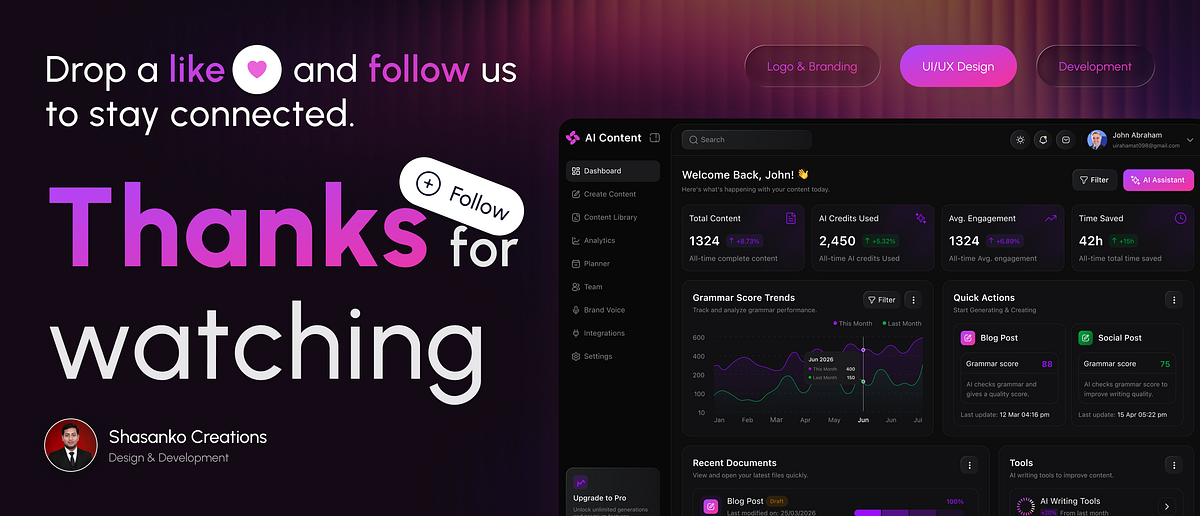 AI Content Creation & Analytics SaaS Dashboard – Dark Mode UI/UX Image 2