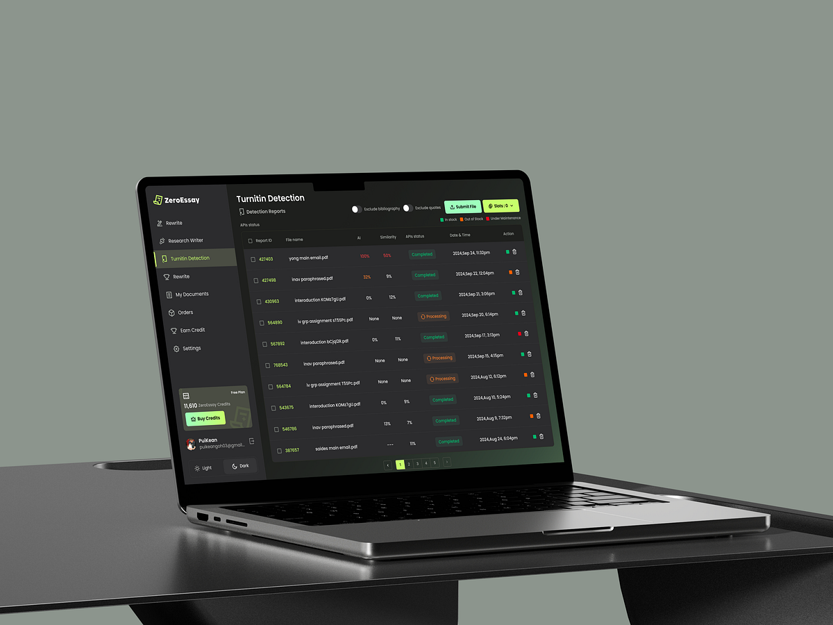ZeroEssay –Turnitin Detection Reports Dashboard Image 1