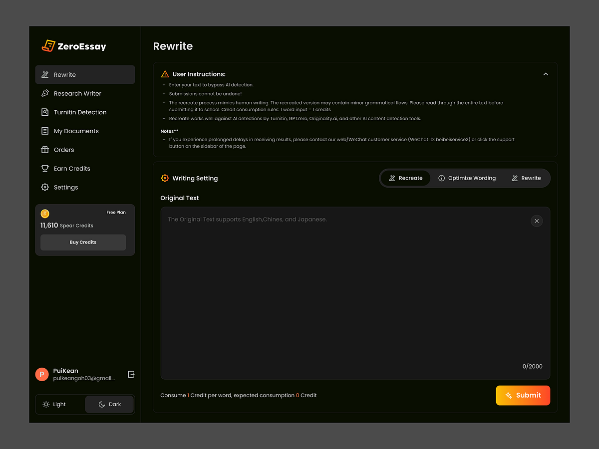 ZeroEssay - AI Writing SaaS Dashboard