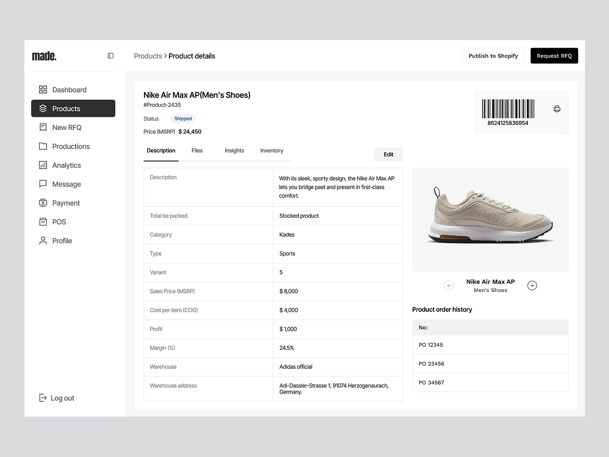 Made – Product Details Dashboard