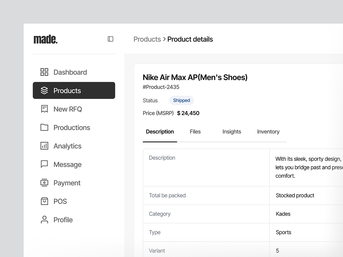 Made – Product Details Dashboard Image 1