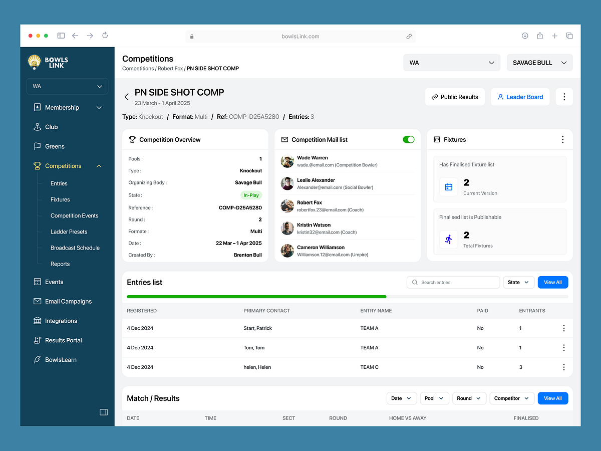 BowlsLink - Sports Dashboard