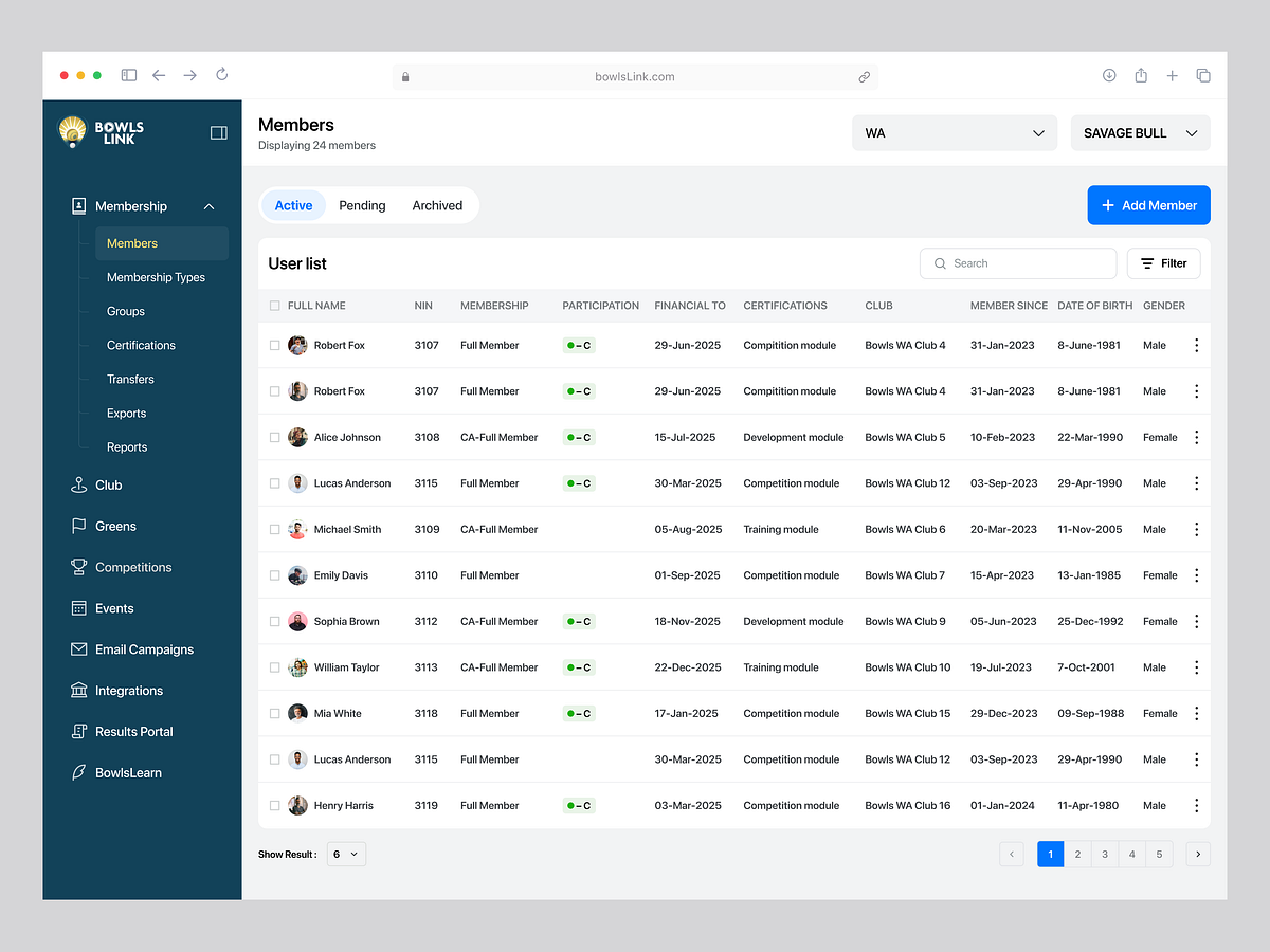 BowlsLink -  Sports Membership Management Dashboard