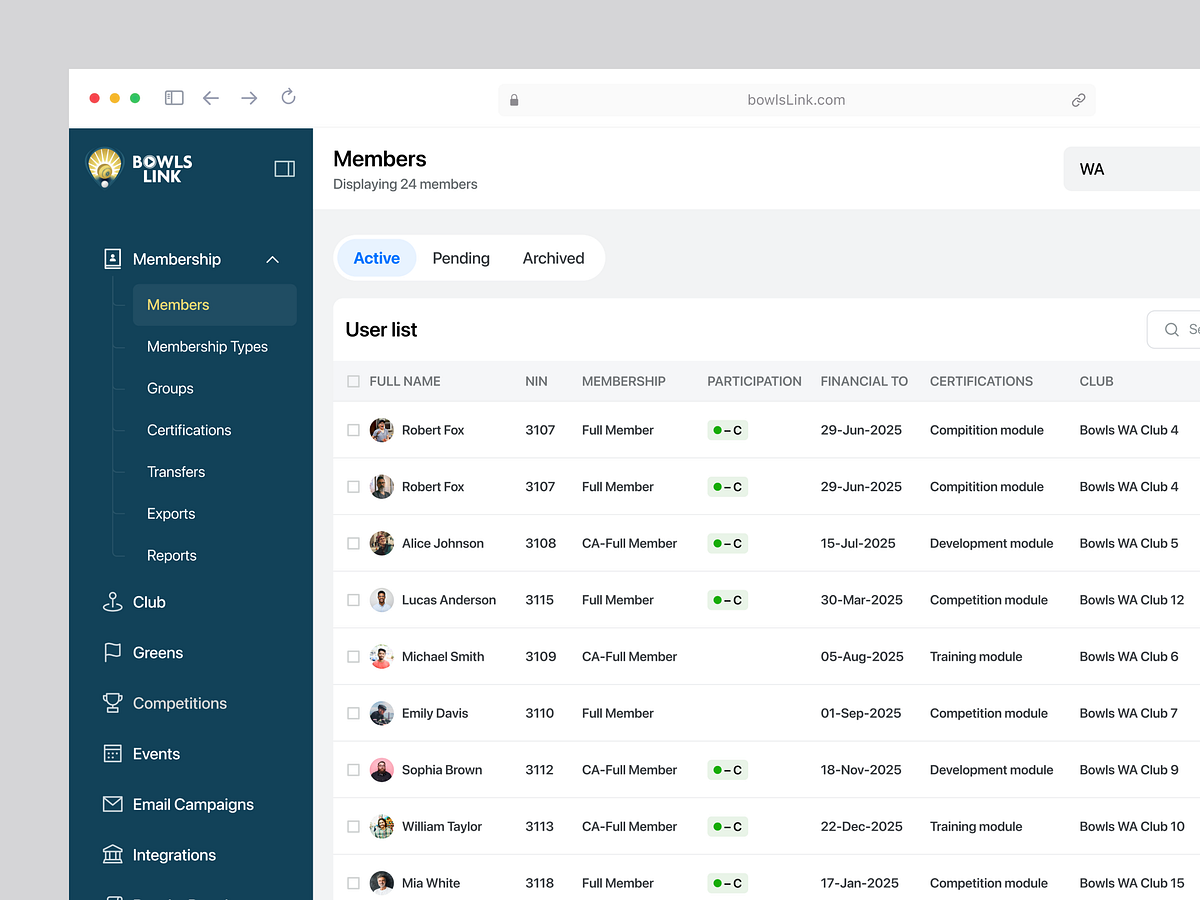 BowlsLink -  Sports Membership Management Dashboard Image 1