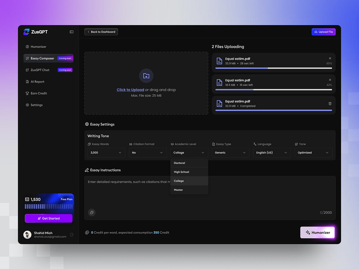 ZusGPT - AI Copywriting SaaS Dashboard UI