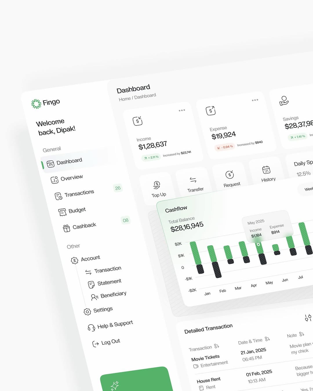 Fingo is a finance management dashboard focused on expense tracking, savings overview, and transaction visibility - all wrapped in a calm, minimal interface.
#UIDesign
#DashboardDesign
#FintechUI
#ExpenseTracker
#ProductDesign