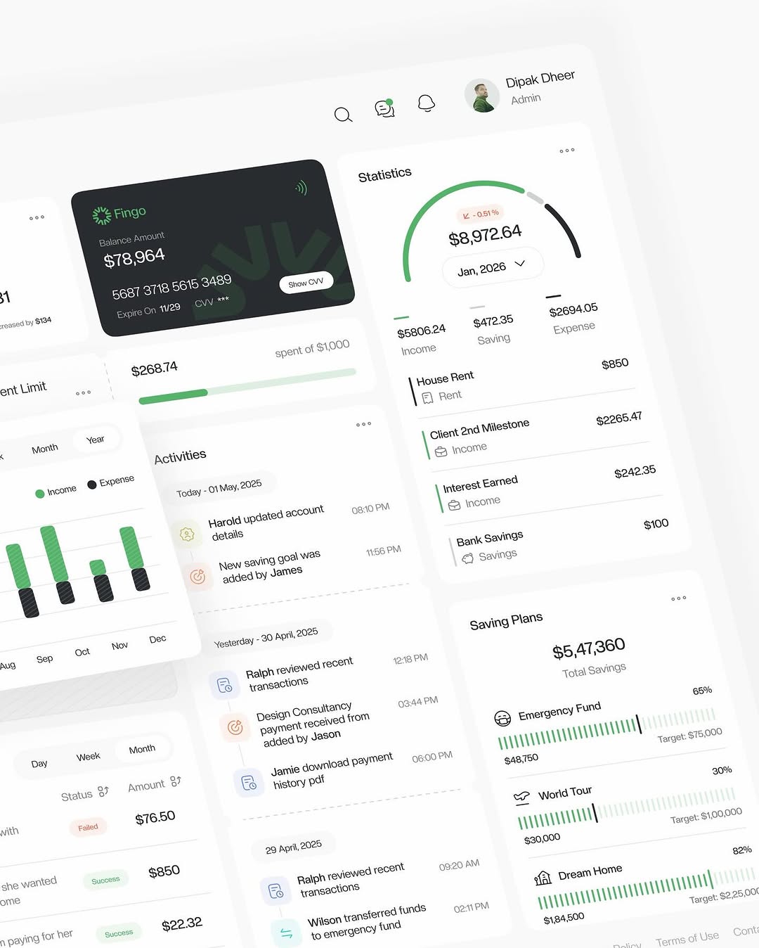 Fingo is a finance management dashboard focused on expense tracking, savings overview, and transaction visibility - all wrapped in a calm, minimal interface.

#UIDesign
#DashboardDesign
#FintechUI
#ExpenseTracker
#ProductDesign Image 0