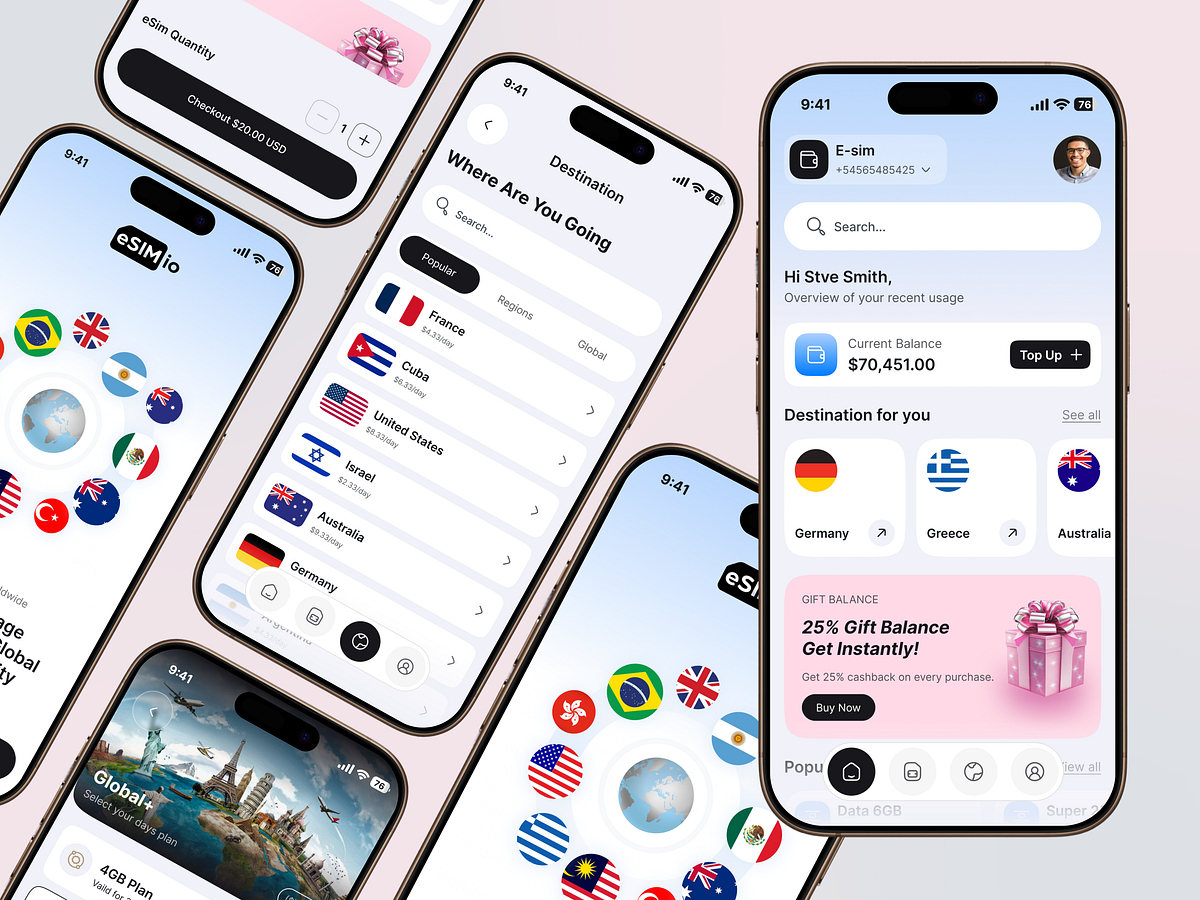 eSIM Mobile App UI UX | Travel Data Plans & Global Connectivity