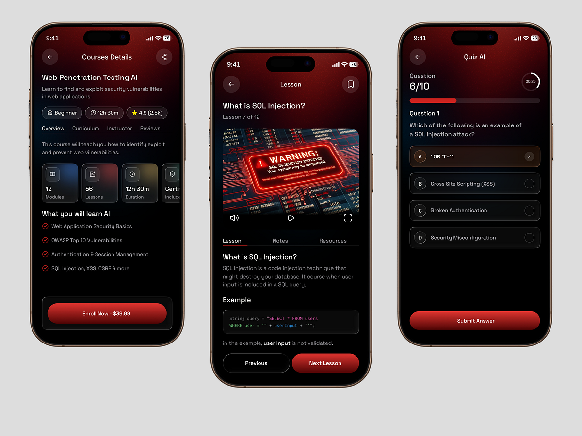 AI Cyber Training Platform Ethical Hacking Courses Mobile UI UX