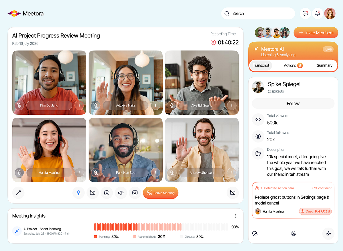 AI Meeting Assistant Dashboard | Smart Insights Productivity UI Image 2