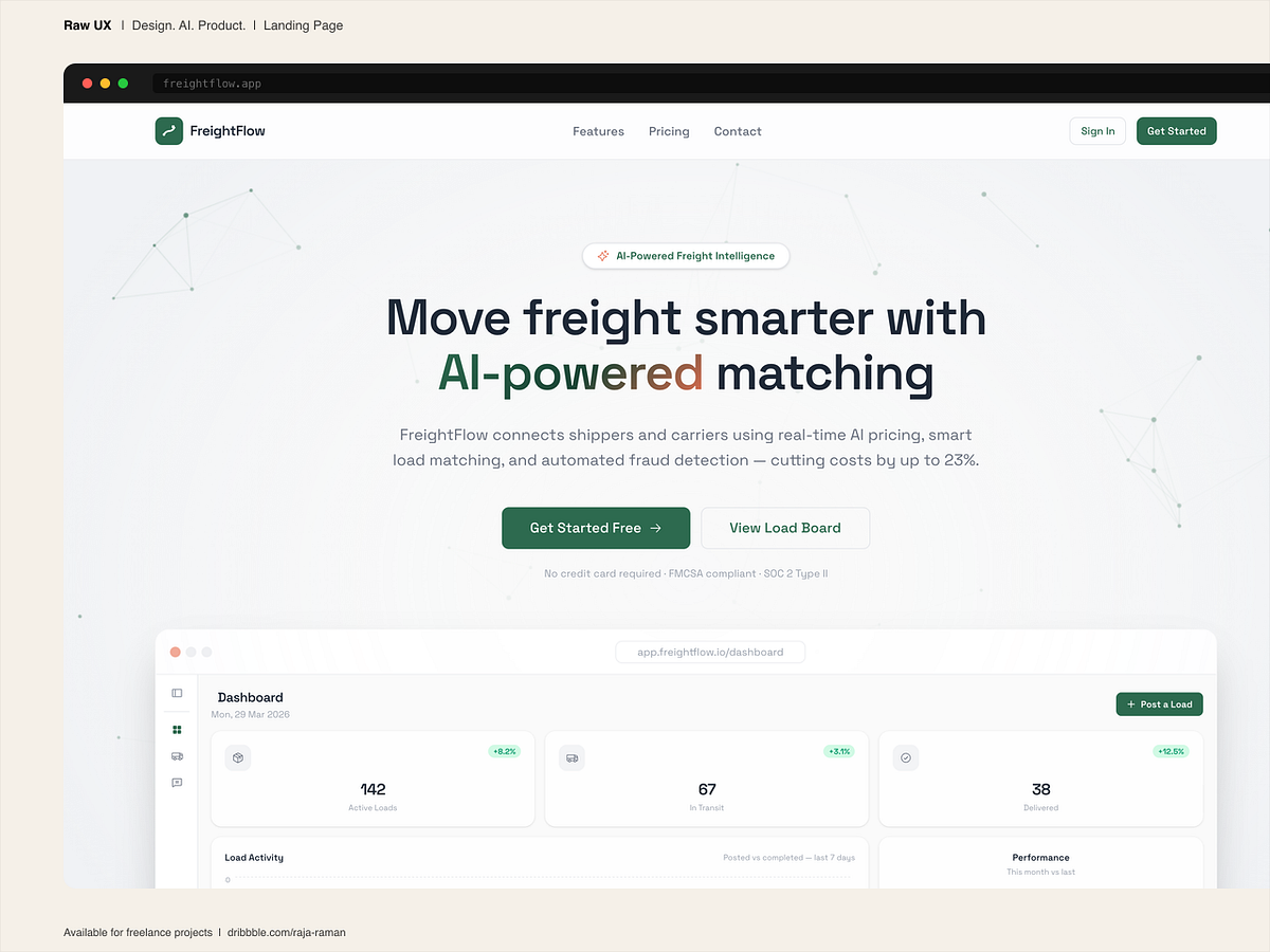 FreightFlow - AI freight marketplace. Landing page design.