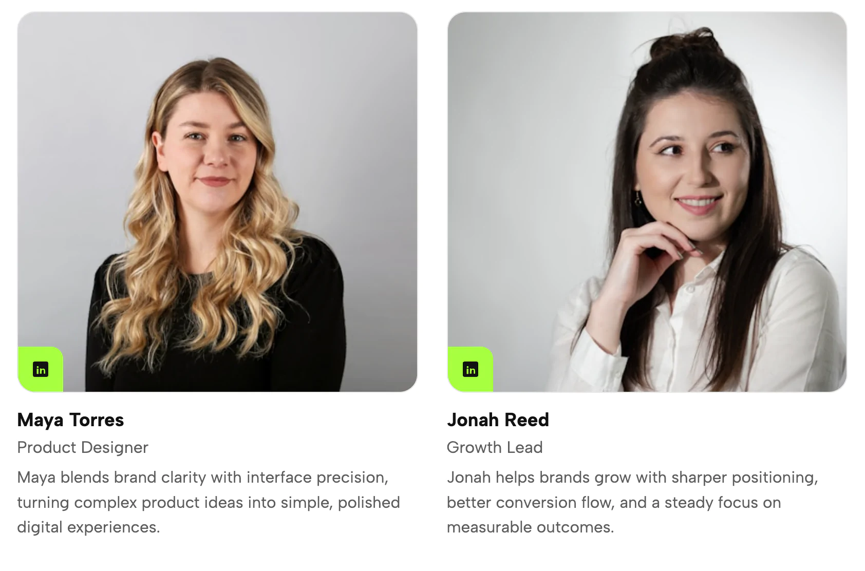 Team Cards with LinkedIn Buttons | Redesignee