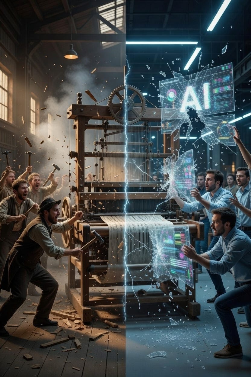 Del ludismo a la IA: diseño, UX y producto frente al miedo a la próxima máquina. | by Galleta.ar | Feb, 2026 | Medium