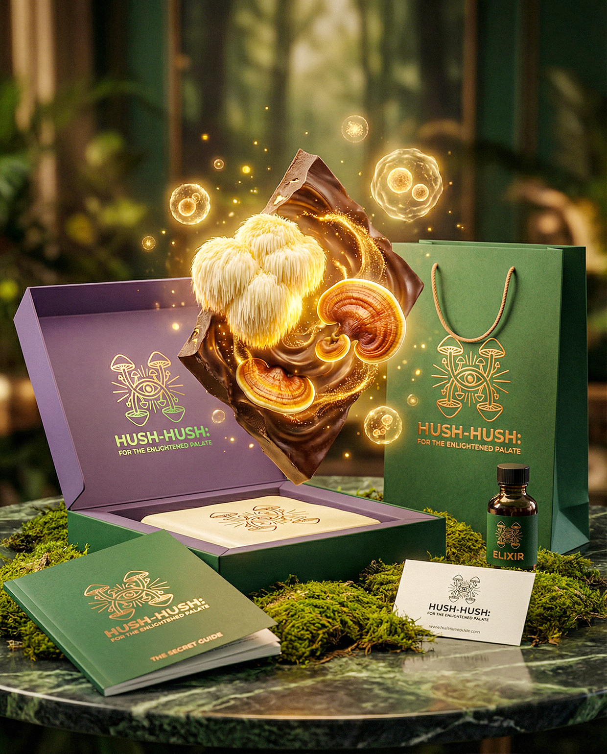 HUSH-HUSH - Functional Mushroom Chocolate Branding Image 1